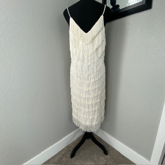 VINTAGE 70s Joy Stevens Ivory Fringe Flapper Gatsby Dress Sz 12 - Picture 4 of 12